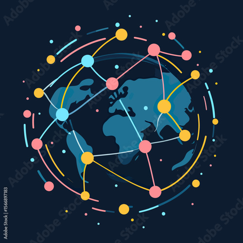 Abstract globe with colorful interconnected network nodes and lines symbolizing global communication and digital connectivity on dark background vector illustration