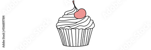 Minimalist single line drawing of cupcake with cherry on top, hand-drawn vector illustration of sweet dessert pastry for bakery or food logo design concept