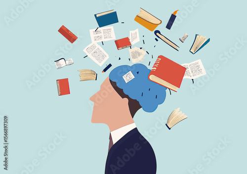 Businessman with open head brain releasing books pages and knowledge flying away concept of unlearning forgetting or erasing memory for new learning in flat minimalist vector