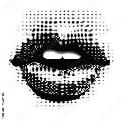 Close up halftone lips biting lower lip in black and white dotted pop art style retro vector illustration of sensual mouth expression with vintage grunge texture