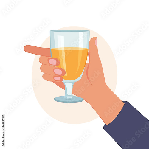 Hand holding glass of amber alcoholic drink with finger pointing gesture isolated on white background minimalist vector illustration of human hand with beverage glassware