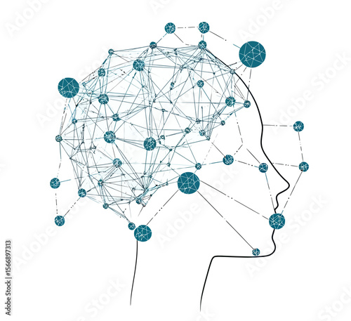Abstract human head silhouette composed of interconnected network nodes and lines representing digital brain technology and artificial intelligence concept