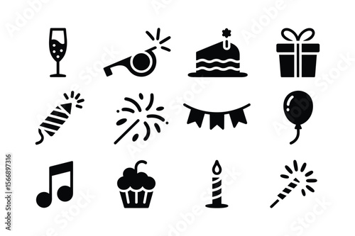 Festive celebration icons including champagne glass cake gift balloon and fireworks