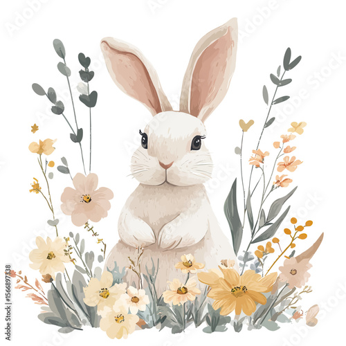 Cute white rabbit surrounded by soft pastel yellow and beige flowers with green leaves watercolor style vector illustration for spring and nature themes