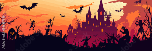 Seamless Halloween silhouette panorama with haunted castle zombies bats spooky trees and creepy graveyard under orange sunset sky vector background