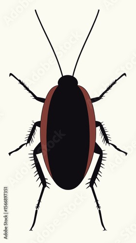 Minimalist flat vector illustration of brown and black cockroach insect with detailed legs and long antennae on white background