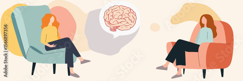 Woman in therapy session sitting in armchairs discussing mental health concepts with brain icon thought bubble abstract flat vector illustration