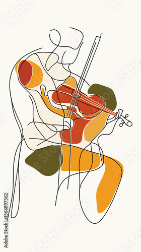Abstract line art violinist playing string instrument with colorful minimal shapes in modern continuous drawing style vector illustration