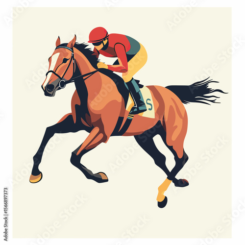 Flat minimalist vector illustration of jockey riding galloping racehorse in dynamic horse racing competition with number five saddlecloth and red helmet