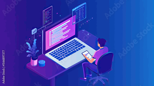 Isometric Vector Illustration of Developer Programming Software on Laptop with Floating Code Windows and Digital Workspace at Night