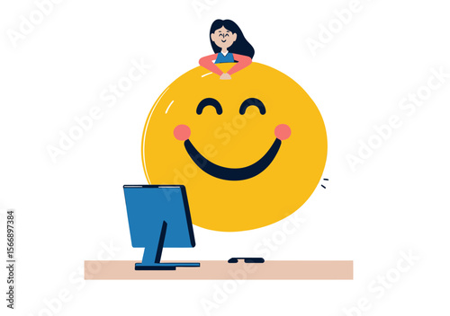 Smiling businesswoman with large happy emoticon behind computer on desk expressing positive work emotion and job satisfaction concept vector illustration