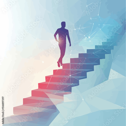Silhouette of person climbing polygonal abstract stairs with glowing light connection network background representing progress and aspiration in business concept vector art