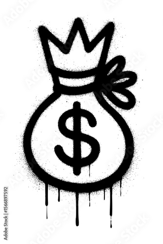 Graffiti Money Bag with Dollar Sign and Crown on White Wall
