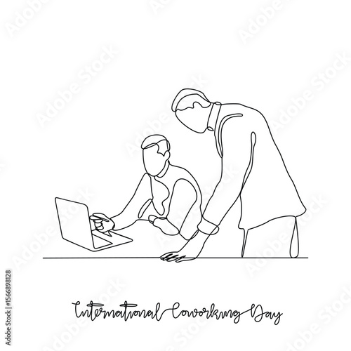 One continuous line drawing of International Coworking Day vector illustration. International Coworking day themes design concept in simple linear continuous line. Suitable design for campaign.