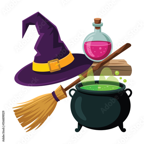 Witch s halloween cauldron with bubbling potion broomstick and pointy hat