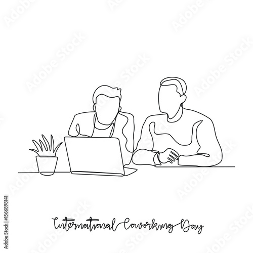 One continuous line drawing of International Coworking Day vector illustration. International Coworking day themes design concept in simple linear continuous line. Suitable design for campaign.