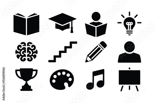 Open book graduation cap person reading light bulb brain stairs pencil person trophy palette music