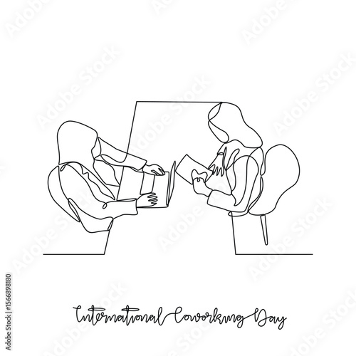 One continuous line drawing of International Coworking Day vector illustration. International Coworking day themes design concept in simple linear continuous line. Suitable design for campaign.