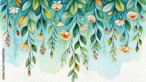 Watercolor Floral Hanging Leaves Border Illustration