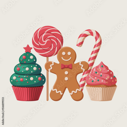 Festive christmas treats including gingerbread man cupcakes lollipop and candy cane