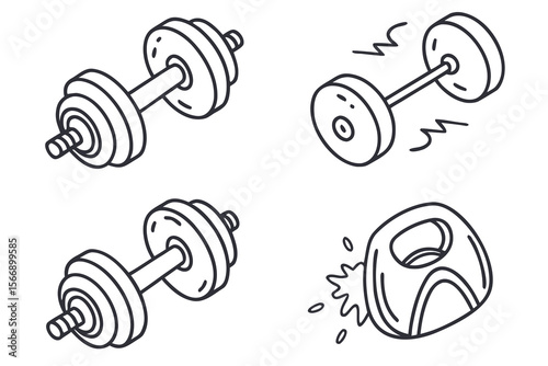 Set of 4 doodle icons for adjustable dumbbells. White background.