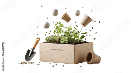 Garden kit with soil, tools, and green plants, perfect for indoor gardening.
