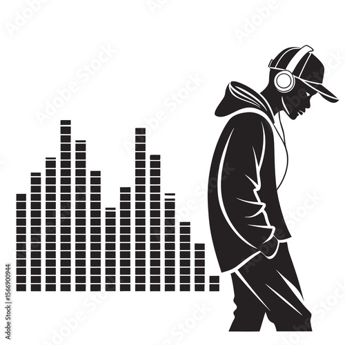 silhouette of a young man singer with music
