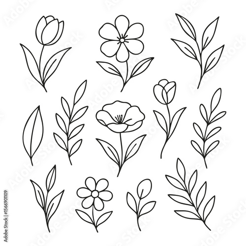 Botanical Line Art Icons — Elegant Minimalist Nature Series, A curated collection of fifteen botanical line art icons featuring diverse floral and leaf motifs — crafted in minimalist style and arrange