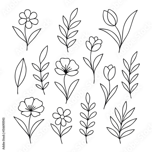 Botanical Line Art Icons — Elegant Minimalist Nature Series, A curated collection of fifteen botanical line art icons featuring diverse floral and leaf motifs — crafted in minimalist style and arrange