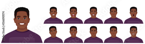 Set of young handsome African American man with different facial expressions. Vector illustration isolated