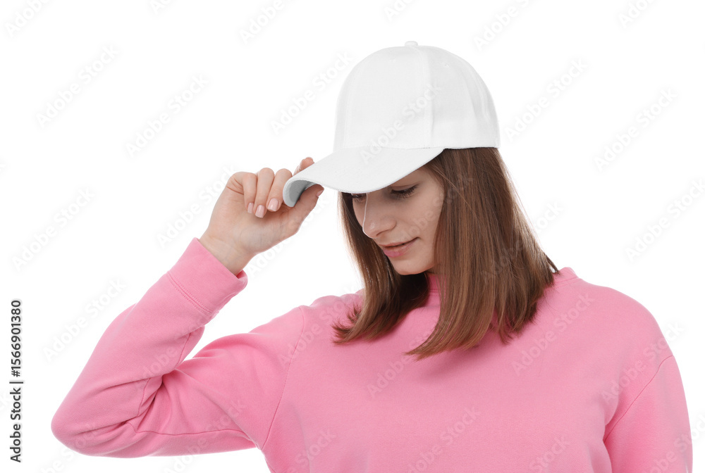 Young woman wearing stylish baseball hat on white background Young woman wearing stylish baseball hat on white background