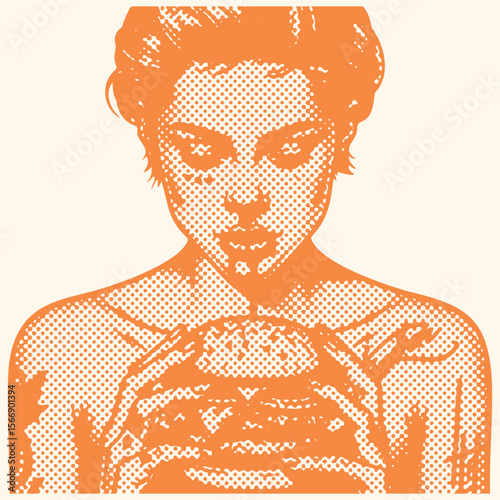 Retro orange woman with tattoo eating burger halftone postal stamp style vector illustration, vintage dotted effect graphic design, trendy pop art, colorful female portrait artwork
