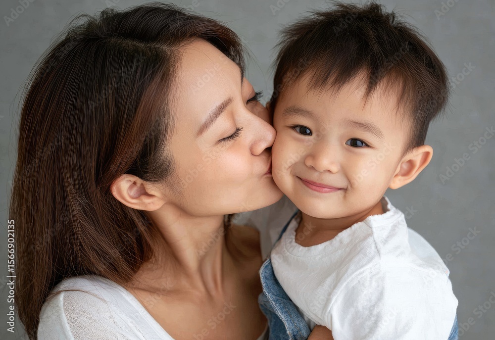 an Asian woman holding her son, dressed in blue jeans and a white shirt, kissing the boy on his forehead against a light gray background an Asian woman holding her son, dressed in blue jeans and a white shirt, kissing the boy on his forehead against a light gray background
