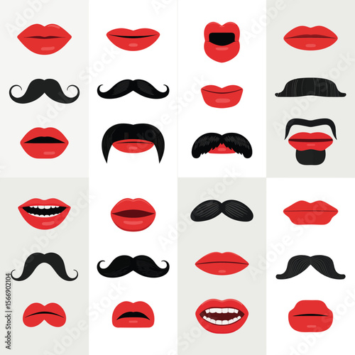 Collection of red lips and black mustaches on a light gray background