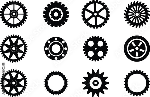  Set of gearwheels of different style, pinions and gears, part of machinery, vecto