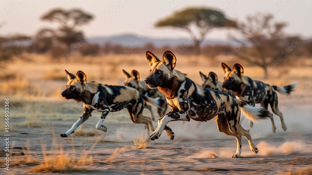 Fototapeta premium Endangered African Wild Dogs Sprinting Through Dry Grassland