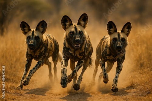 Pack of African Painted Dogs in Action During a Hunt