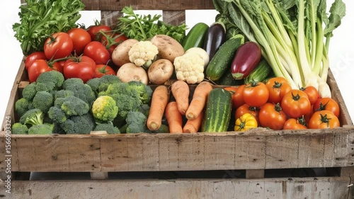 A wooden crate filled with various fresh vegetables