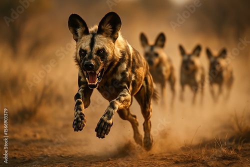 Endangered African Wild Dogs Sprinting Through Dry Grassland