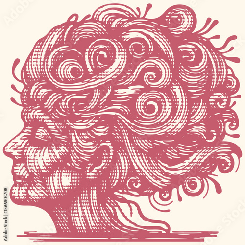 Pink old woman with enormous intricately curled hairstyle, surreal lifestyle concept, hash circleline effect, detailed stamp vector illustration, artistic portrait design, unique hair art