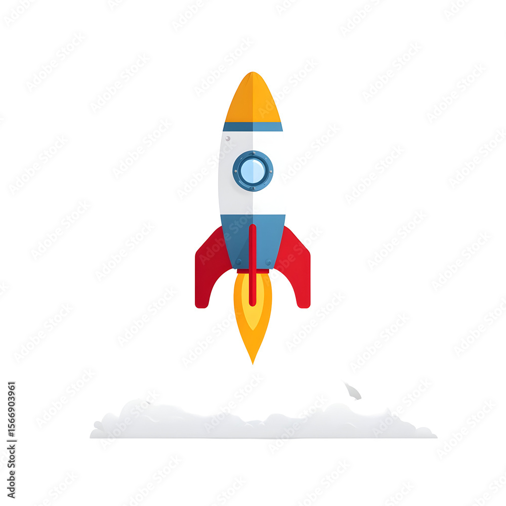 Colorful Cartoon Rocket Launching in Transparent Background with Smoke
