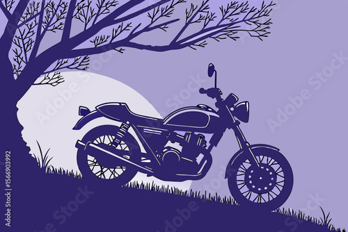Dark purple motorcycle parked under a bare tree vintage branches