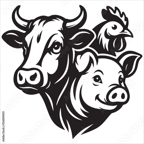 Farm Animal Heads Trio Illustration
