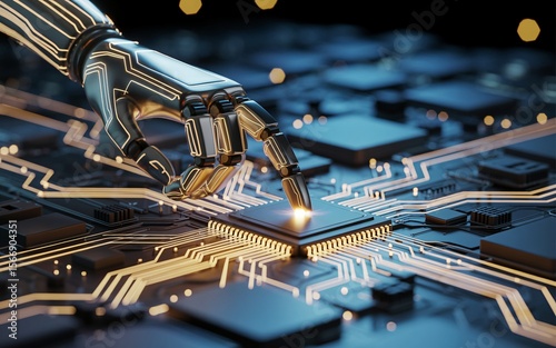 A futuristic robotic hand points to a glowing chip on an intricate circuit board.