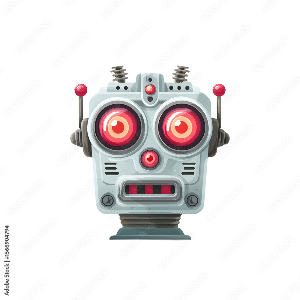 Fototapeta premium Futuristic Robot Head with Red Eyes and Metallic Features in Sci Fi Style