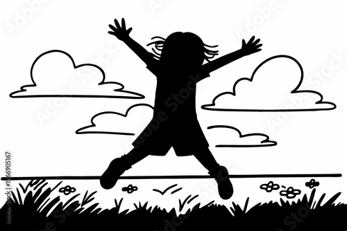 Child jumping with joy in the sky silhouette clouds