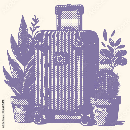 Purple suitcase with wheels and tropical plants, halftone effect vector illustration, modern travel luggage design, vibrant purple color, stylish carry-on bag with botanical elements, digital art