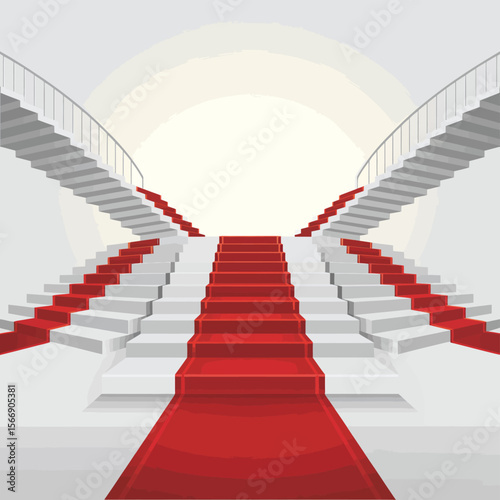 Grand staircase with red carpet leading upwards towards bright light