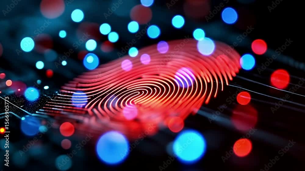 Close up of a glowing red fingerprint with blue and red bokeh lights in the background