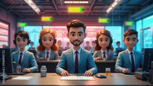 Cartoon style office workers in an office setting with energy battery icons above them